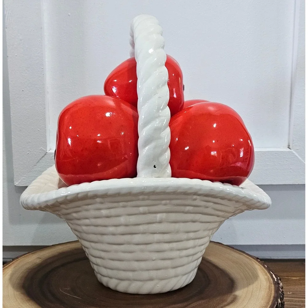 VTG Farmhouse Ceramic Red Apple Cottagecore Basket Decor White Basket